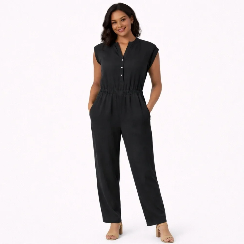 J.Crew Women jumpsuit Cuffed Camp-Shirt Small Black V-Neck Short Sleeve